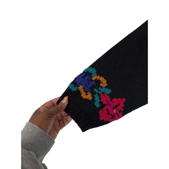 Eddie Bauer Women's Knit Crochet Floral Cardigan VTG Black Wool Button Up Large - Picture 6 of 12